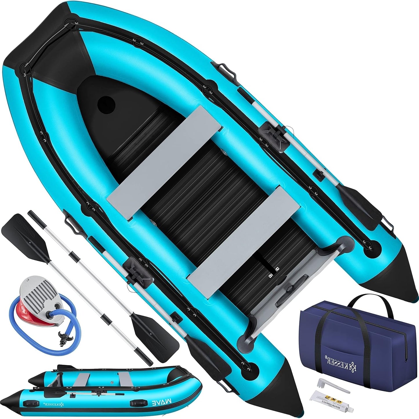 📦📦Last Day 49% OFF Inflatable Boat 3.20 m for 4 People - Wave Motor Suitable Leisure Boat Paddle Boat Motor Boat Fishing Boat - with 2 Benches - Aluminium Base Paddle Pump Repair Kit & Bag Inflatable PVC