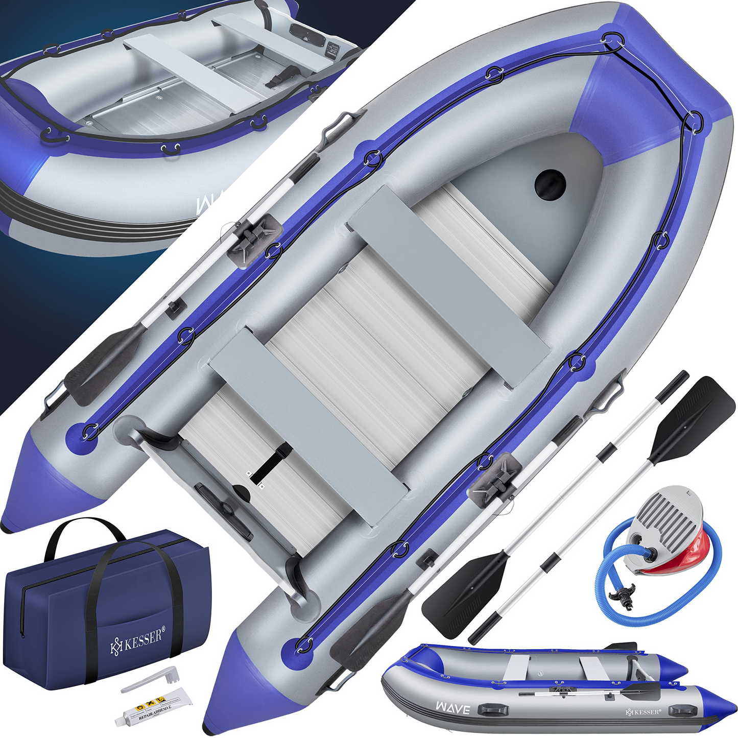 📦📦Last Day 49% OFF Inflatable Boat 3.20 m for 4 People - Wave Motor Suitable Leisure Boat Paddle Boat Motor Boat Fishing Boat - with 2 Benches - Aluminium Base Paddle Pump Repair Kit & Bag Inflatable PVC